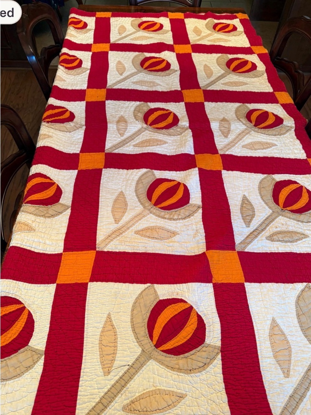 Antique Love Apple Patchwork Quilt in Red, Orange, Cream c 1850